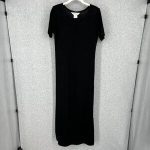 Exclusively Misook Knit Short Sleeve Maxi Dress Size XS Black Side Slit Minimal